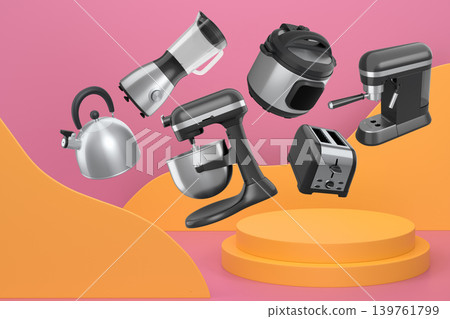Set of kitchen appliances including mixer, toaster, blender, and coffee maker on white colorful podium and background 139761799