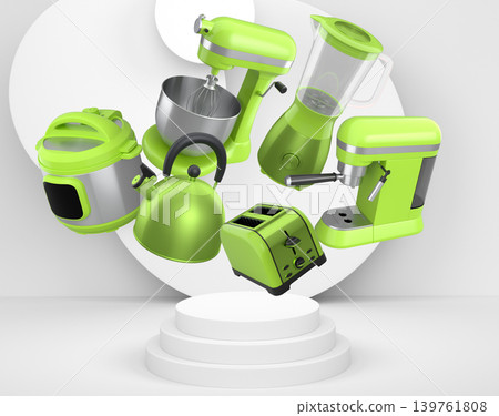 Set of kitchen appliances including mixer, toaster, blender, and coffee maker on white colorful podium and background 139761808