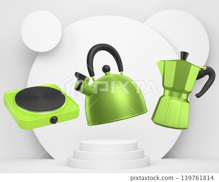 Set of kitchen appliances including kettle, stove, and coffee maker floating over podium and abstract background Set of kitchen appliances including kettle, stove, and coffee maker floating over podium and abstract background 139761814