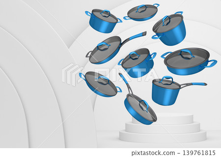 Set of kitchen cookware set with lids floating in midair, over colorfull podium and backdrop, concept of premium utensils Set of kitchen cookware set with lids floating in midair, over colorfull podium and backdrop, concept of premium utensils 139761815