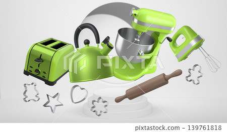 Set of kitchen appliances with baking tools and cookie cutters floating over podium, concept of modern cooking 139761818