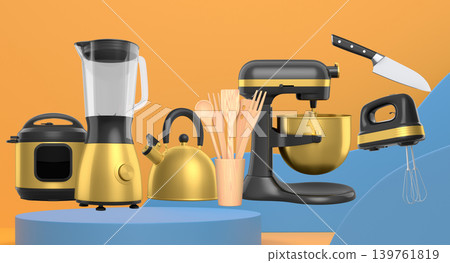 Set of kitchen appliances and utensils floating in mid-air over podium and abstract background, modern cooking concepts Set of kitchen appliances and utensils floating in mid-air over podium and abstract background, modern cooking concepts 139761819