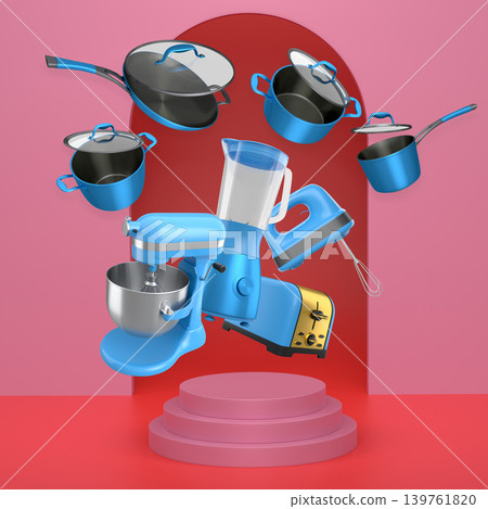 Assorted kitchen appliances and cookware floating against abstract backdrop and podium, modern culinary tools concept Assorted kitchen appliances and cookware floating against abstract backdrop and podium, modern culinary tools concept 139761820
