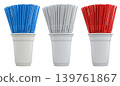 Multiple colorful plastic straws arranged in plastic cups isolated on white background, symbolizing party beverages 139761867