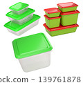 Stacked plastic food storage containers with black lids, isolated on white background, concept of organized storage 139761878