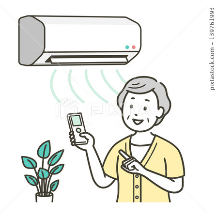 An illustration of the upper body of an elderly woman using an air conditioner to regulate the indoor temperature in the summer. An illustration of the upper body of an elderly woman using an air conditioner to regulate the indoor temperature in the summer. 139761993