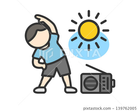 An illustration of a man doing radio calisthenics (line drawing, color). An illustration of a man doing radio calisthenics (line drawing, color). 139762005