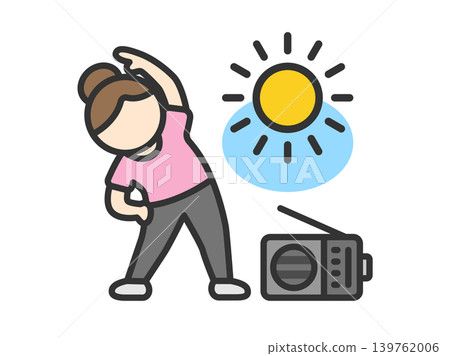 An illustration of a woman doing radio calisthenics (line drawing, color). An illustration of a woman doing radio calisthenics (line drawing, color). 139762006