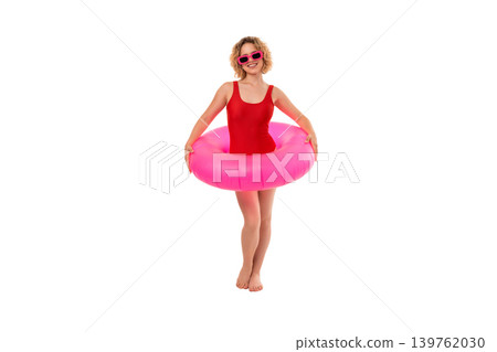 Girl stands wearing red swimsuit and pink float, PNG Girl stands wearing red swimsuit and pink float, PNG 139762030