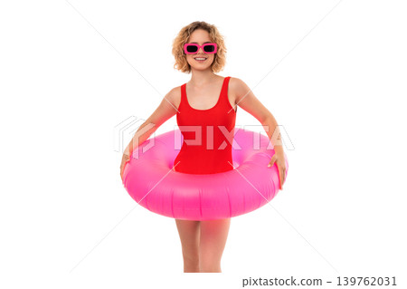 Girl in red swimsuit with pink float at beach, PNG Girl in red swimsuit with pink float at beach, PNG 139762031