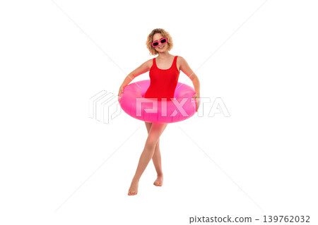 Girl in red swimsuit enjoys summer with pink float, PNG Girl in red swimsuit enjoys summer with pink float, PNG 139762032