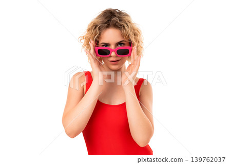Young girl plays with pink sunglasses while posing, PNG Young girl plays with pink sunglasses while posing, PNG 139762037