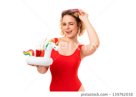 Girl with curly hair holds drink on fun float, PNG Girl with curly hair holds drink on fun float, PNG 139762038