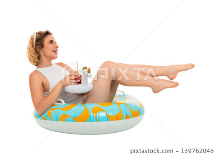 Girl on a float with a drink enjoys the summer day, PNG Girl on a float with a drink enjoys the summer day, PNG 139762046