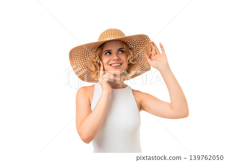 Girl smiles while wearing a large summer hat, PNG Girl smiles while wearing a large summer hat, PNG 139762050