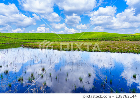 Early summer on the Soni Plateau; white clouds floating in the blue sky reflected on the surface of the Okame Pond, which I have returned to. (North direction) 139762144