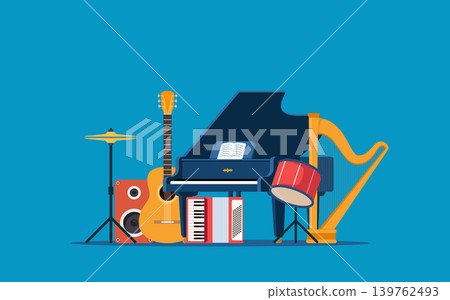 Musical instruments composition. Guitar, synthesizer, violin, cello, drum, cymbals, saxophone, accordion, tambourine, grand piano. Vector illustration. 139762493