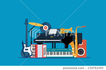 Musical instruments composition. Guitar, synthesizer, violin, cello, drum, cymbals, saxophone, accordion, tambourine, grand piano. Vector illustration. Musical instruments composition. Guitar, synthesizer, violin, cello, drum, cymbals, saxophone, accordion, tambourine, grand piano. Vector illustration. 139762495