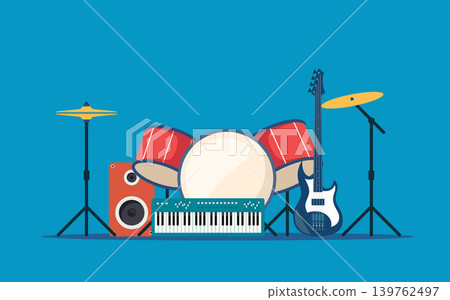 Musical instruments composition. Guitar, synthesizer, violin, cello, drum, cymbals, saxophone, accordion, tambourine, grand piano. Vector illustration. 139762497