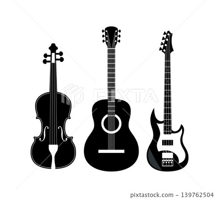 String musical instruments, monochrome icons. Guitar and violin set. Acoustic and electric guitars isolated on white background. Vector illustration. 139762504
