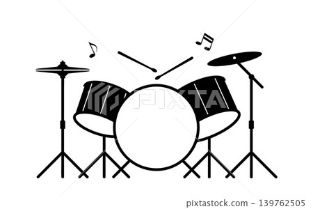 Drum kit monochrome icon. Percussion musical instrument. Red drums, stick and cymbal. Flat style vector illustration. Drum kit monochrome icon. Percussion musical instrument. Red drums, stick and cymbal. Flat style vector illustration. 139762505