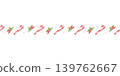 Simple Christmas seamless border with candy canes and red holly berries plant. Watercolor thin repeat banner with green leaves and snowballs for winter holidays designs 139762667