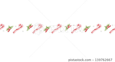 Simple Christmas seamless border with candy canes and red holly berries plant. Watercolor thin repeat banner with green leaves and snowballs for winter holidays designs Simple Christmas seamless border with candy canes and red holly berries plant. Watercolor thin repeat banner with green leaves and snowballs for winter holidays designs 139762667