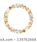 Christmas holiday symbols hand drawn round wreath frame isolated on white. Watercolor gift boxes, mistletoe, lanterns, desserts and hats in pastel green red colors sticker template with copy space 139762668