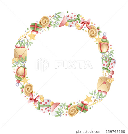 Christmas holiday symbols hand drawn round wreath frame isolated on white. Watercolor gift boxes, mistletoe, lanterns, desserts and hats in pastel green red colors sticker template with copy space 139762668