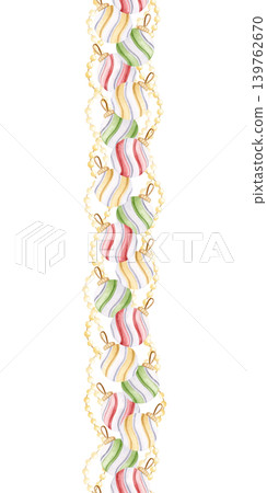 Vertical Christmas baubles seamless border on white. Festive holiday lights garlands repeat banner. Hand drawn watercolor striped hanging toys in pastel yellow, red and green. New Year balls ornaments 139762670