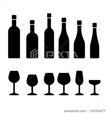一組不同酒瓶和酒杯的剪影圖片。 一組不同酒瓶和酒杯的剪影圖片。 139762677