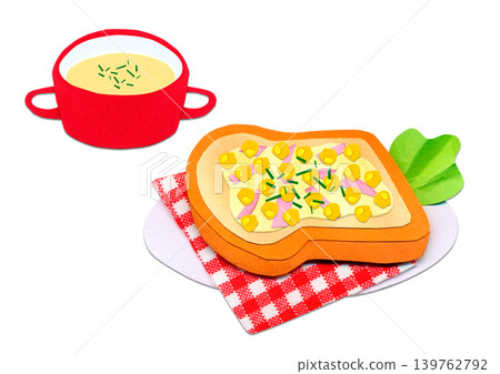 一幅拼貼畫,描繪了玉米蛋黃醬吐司和玉米濃湯。溫暖的早餐食材。 一幅拼貼畫,描繪了玉米蛋黃醬吐司和玉米濃湯。溫暖的早餐食材。 139762792