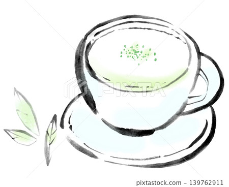 Ink painting illustration, hand-drawn, hot matcha latte Ink painting illustration, hand-drawn, hot matcha latte 139762911