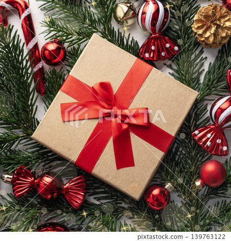 Christmas gift box red ribbon surrounded Christmas gift box red ribbon surrounded 139763122