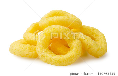 Pile of corn rings close-up on a white background. Isolated Pile of corn rings close-up on a white background. Isolated 139763135
