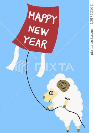 一隻可愛的綿羊在放風箏——新年賀卡插圖。新年快樂! 一隻可愛的綿羊在放風箏——新年賀卡插圖。新年快樂! 139763168