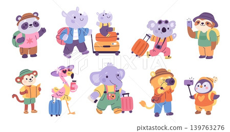 Animals tourists. Cute fauna characters, cartoon travellers with luggage, funny panda, rhino and monkey, flamingo, cheerful vacation travel, journey garish vector cartoon isolated set Animals tourists. Cute fauna characters, cartoon travellers with luggage, funny panda, rhino and monkey, flamingo, cheerful vacation travel, journey garish vector cartoon isolated set 139763276
