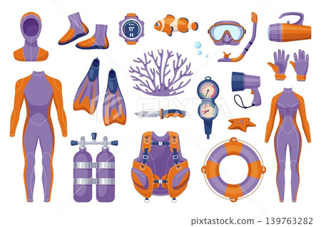 Cartoon diving equipment. Male and female ocean underwater sport safety costumes, scuba divers elements, masks, oxygen tanks, fins, lantern, marine exploration, classy vector isolated set 139763282