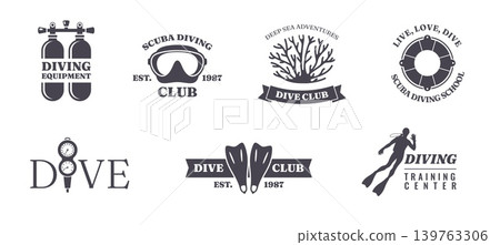 Dive club labels. Underwater swimming emblems, scuba diving school stickers, black silhouettes badges, equipment icons, sport training logo, sea adventure logotype, classy vector set Dive club labels. Underwater swimming emblems, scuba diving school stickers, black silhouettes badges, equipment icons, sport training logo, sea adventure logotype, classy vector set 139763306