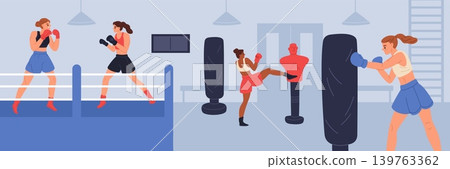 Girls boxing training. Professional athletes in gym, sparring in ring, female fighter workout, fitness strong women character, athletic coaching, garish vector cartoon isolated concept Girls boxing training. Professional athletes in gym, sparring in ring, female fighter workout, fitness strong women character, athletic coaching, garish vector cartoon isolated concept 139763362