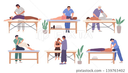 People at chiropractors. Osteopath makes massages, manual therapy process, orthopaedic treatment, patients lie on couches, medical spinal manipulation garish vector cartoon isolated set 139763402