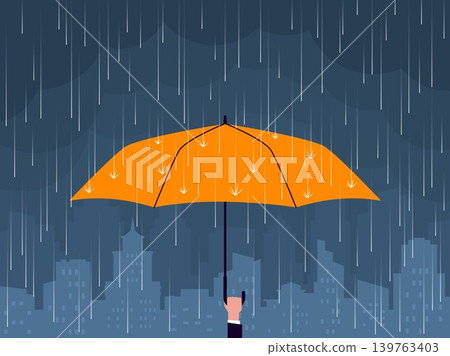 People protect from rain. Hand holds bright orange umbrella, city landscape, gloomy weather, meteorological forecast, minimal urban storm scene, nowaday vector cartoon isolated concept People protect from rain. Hand holds bright orange umbrella, city landscape, gloomy weather, meteorological forecast, minimal urban storm scene, nowaday vector cartoon isolated concept 139763403