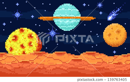 Pixel space landscape. View from planet surface, stars and craters, retro video game assets, cosmic location, simple minimalistic 8bit background, sci-fi exploration, qualitative vector concept Pixel space landscape. View from planet surface, stars and craters, retro video game assets, cosmic location, simple minimalistic 8bit background, sci-fi exploration, qualitative vector concept 139763405