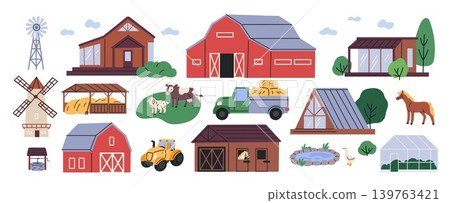 Rural buildings and agricultural objects. Cartoon farm outbuilding, technic, transport, domestic animals, tractor, mill, hay truck and greenhouse, rural countryside, garish vector flat set 139763421