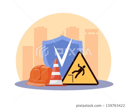 Safety rules. Protection of construction site, multi surface temporary, danger warning, safety industrial symbols, hard hat, warning sign, cone and shield, vector cartoon isolated concept Safety rules. Protection of construction site, multi surface temporary, danger warning, safety industrial symbols, hard hat, warning sign, cone and shield, vector cartoon isolated concept 139763422