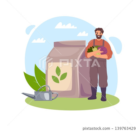 Lawn support. Fertilize grass, gardening service, rapid growth, green color, strong plants, farmer holding fresh vegetables, sustainable agriculture with eco packaging vector cartoon concept Lawn support. Fertilize grass, gardening service, rapid growth, green color, strong plants, farmer holding fresh vegetables, sustainable agriculture with eco packaging vector cartoon concept 139763429