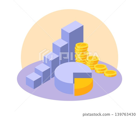 Long term investment strategy. Income revenue growth, business charts and graphs elements, gradual increase in profits, budgeting planning, golden coins vector cartoon isolated concept 139763430