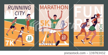 Marathon cards. City sports event, happy runners in uniform, professional, amateur athletes characters, active lifestyle posters, event promotion concept nowaday vector cartoon isolated set 139763432