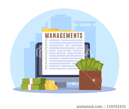 Money management. Wallet with cash, budget planning program, financial expenses and profits, business accounting, checklist document on computer screen, vector cartoon isolated concept 139763435