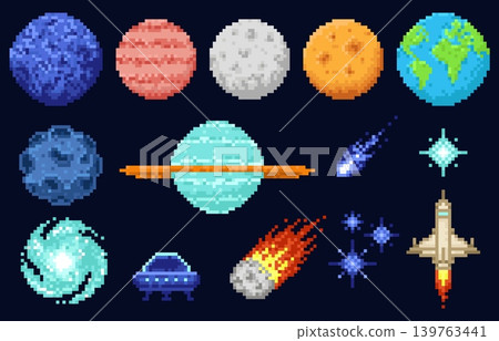Pixel art space elements. Retro video game assets, planets, meteorites, rocket and ufo, solar system cosmic objects, astronomy and sci fi concept, qualitative vector cartoon isolated set Pixel art space elements. Retro video game assets, planets, meteorites, rocket and ufo, solar system cosmic objects, astronomy and sci fi concept, qualitative vector cartoon isolated set 139763441